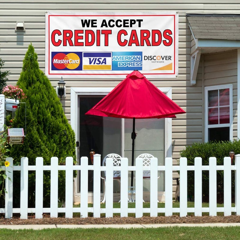Sign Destination Vinyl Banner Sign We Accept Credit Cards Restaurant Cafe Bar Marketing Advertising Red - 12inx30in, 4 Grommets, One Banner - Image 2